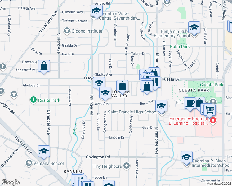 map of restaurants, bars, coffee shops, grocery stores, and more near 1732 Peachtree Court in Mountain View