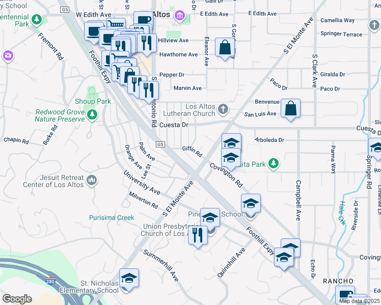 map of restaurants, bars, coffee shops, grocery stores, and more near 159 Giffin Road in Los Altos
