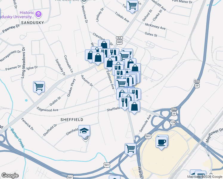 map of restaurants, bars, coffee shops, grocery stores, and more near 5605 Killarney Place in Lynchburg