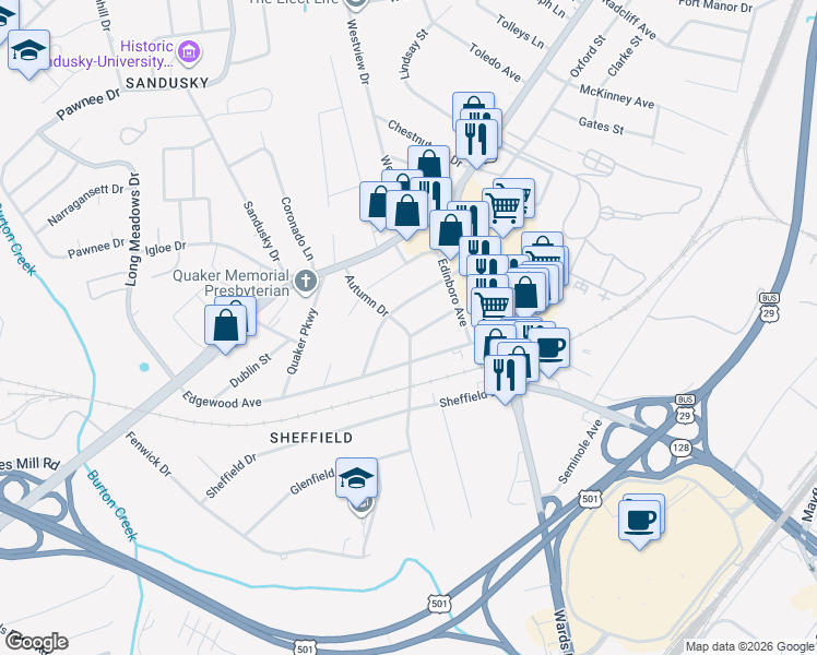 map of restaurants, bars, coffee shops, grocery stores, and more near 5632 White Oak Drive in Lynchburg
