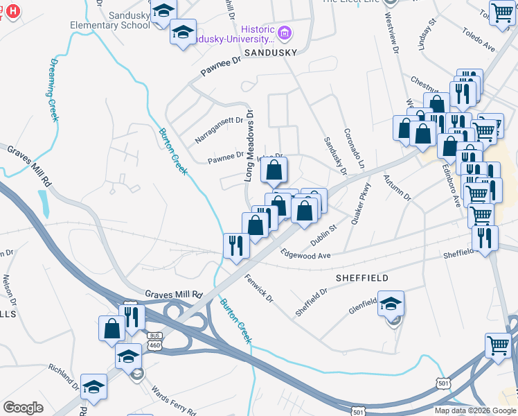 map of restaurants, bars, coffee shops, grocery stores, and more near 1206 Long Meadows Drive in Lynchburg