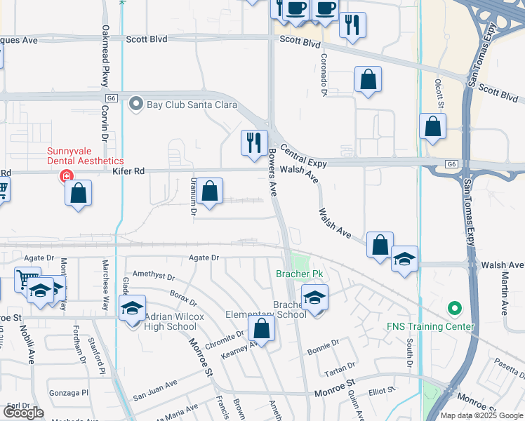 map of restaurants, bars, coffee shops, grocery stores, and more near 3065 Bowers Avenue in Santa Clara
