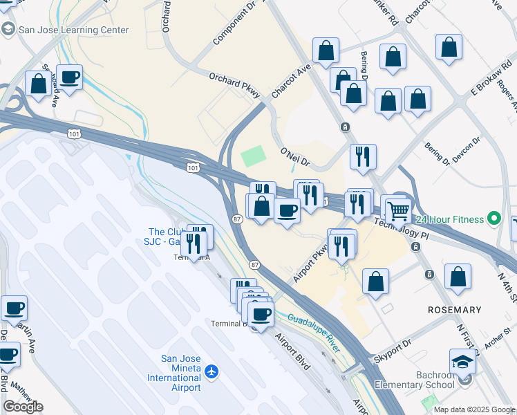 map of restaurants, bars, coffee shops, grocery stores, and more near 2099 Gateway Place in San Jose
