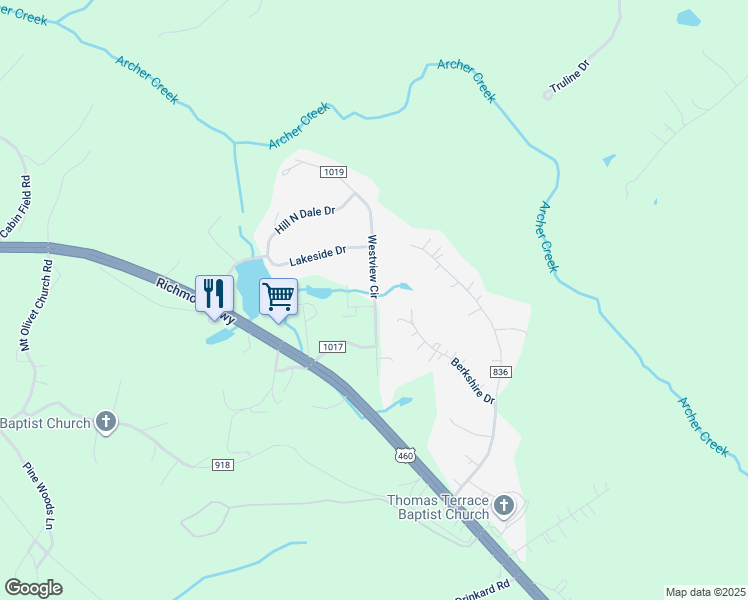 map of restaurants, bars, coffee shops, grocery stores, and more near 3 Lake Place in Lynchburg