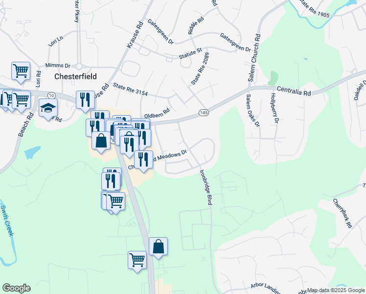 map of restaurants, bars, coffee shops, grocery stores, and more near 6301 Old Wrexham Place in Chesterfield