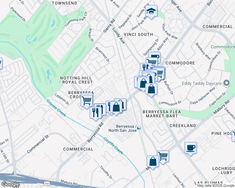 map of restaurants, bars, coffee shops, grocery stores, and more near 1646 Hittell Place in San Jose