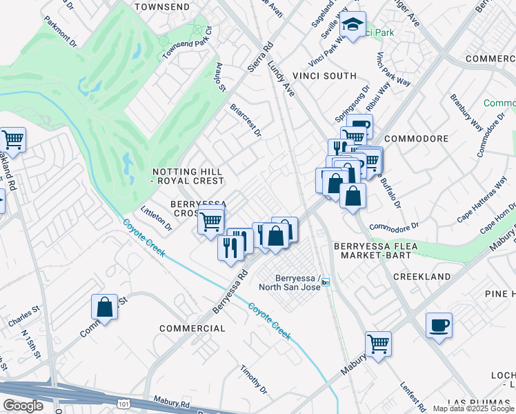 map of restaurants, bars, coffee shops, grocery stores, and more near 1032 Abruzzo Lane in San Jose