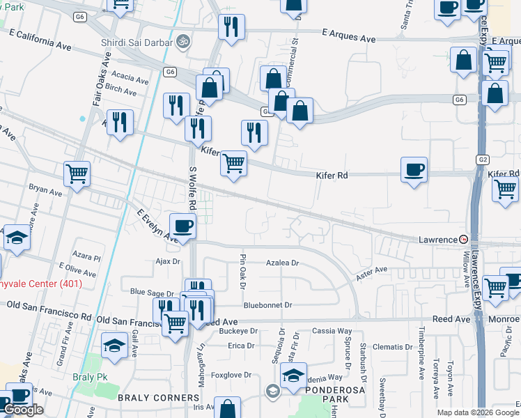 map of restaurants, bars, coffee shops, grocery stores, and more near 210 Red Oak Drive in Sunnyvale