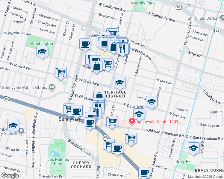 map of restaurants, bars, coffee shops, grocery stores, and more near 148 East Iowa Avenue in Sunnyvale
