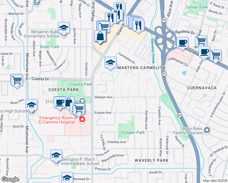 map of restaurants, bars, coffee shops, grocery stores, and more near 2107 Carol Avenue in Mountain View
