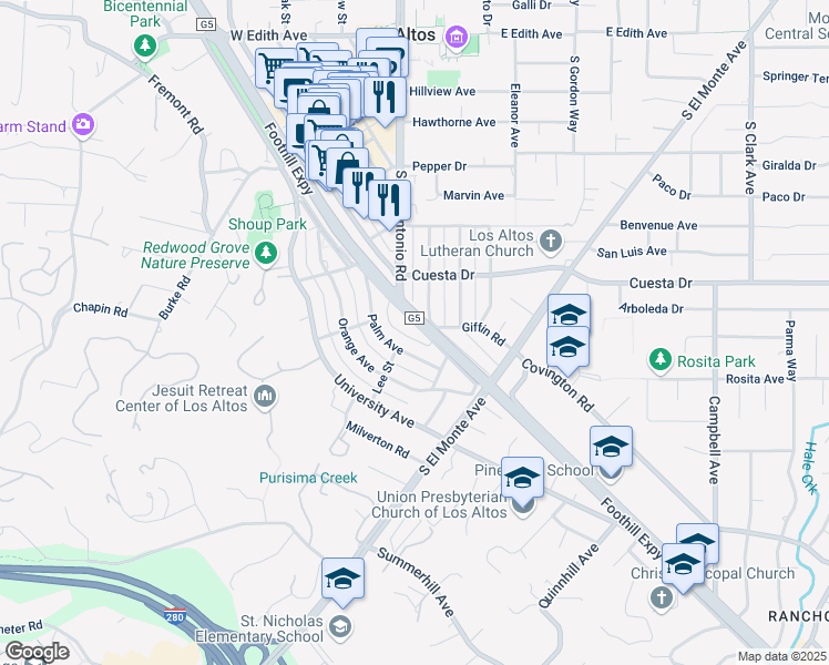 map of restaurants, bars, coffee shops, grocery stores, and more near 606 Lincoln Avenue in Los Altos