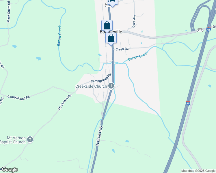 map of restaurants, bars, coffee shops, grocery stores, and more near 249-253 Old US Highway 31W in Bonnieville