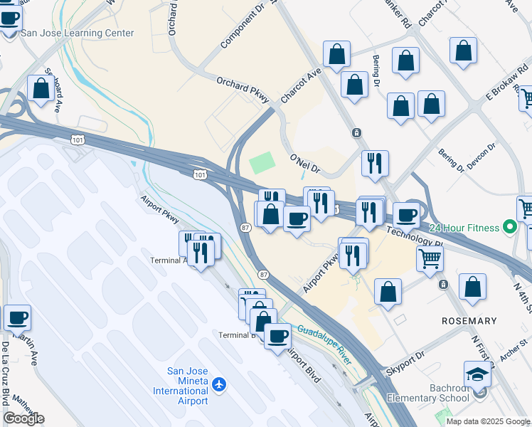 map of restaurants, bars, coffee shops, grocery stores, and more near 2099 Gateway Place in San Jose