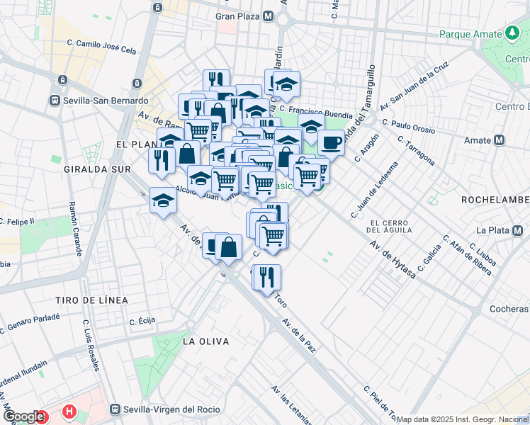 map of restaurants, bars, coffee shops, grocery stores, and more near 6A Calle Alberche in Sevilla