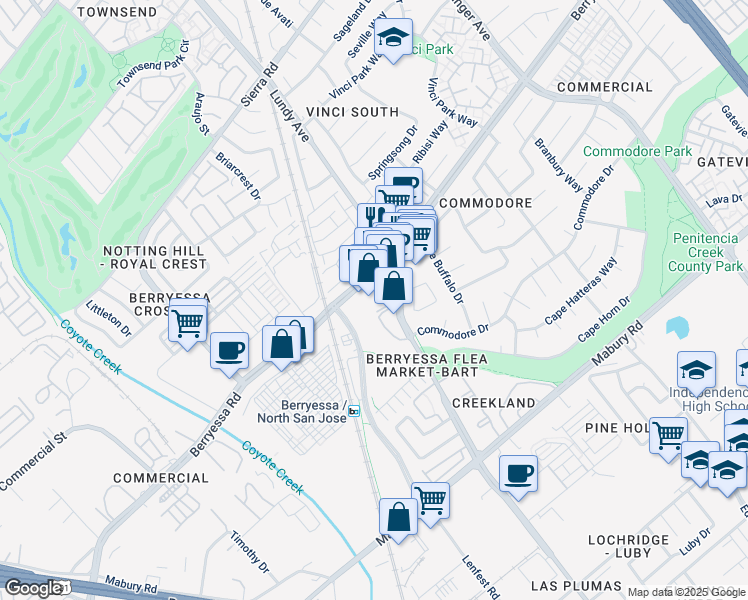 map of restaurants, bars, coffee shops, grocery stores, and more near 1686 Berryessa Road in San Jose