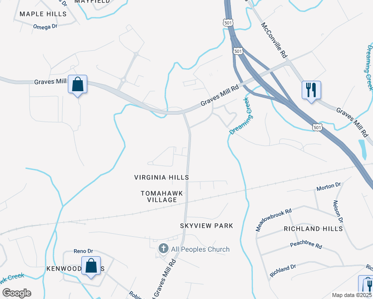 map of restaurants, bars, coffee shops, grocery stores, and more near 1125 Old Graves Mill Road in Lynchburg