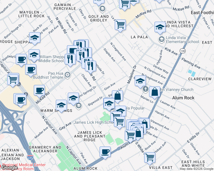 map of restaurants, bars, coffee shops, grocery stores, and more near 4063 Gion Avenue in San Jose