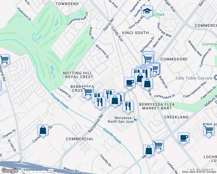 map of restaurants, bars, coffee shops, grocery stores, and more near 1646 Hittell Place in San Jose