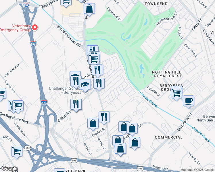 map of restaurants, bars, coffee shops, grocery stores, and more near 1358 Oakland Road in San Jose