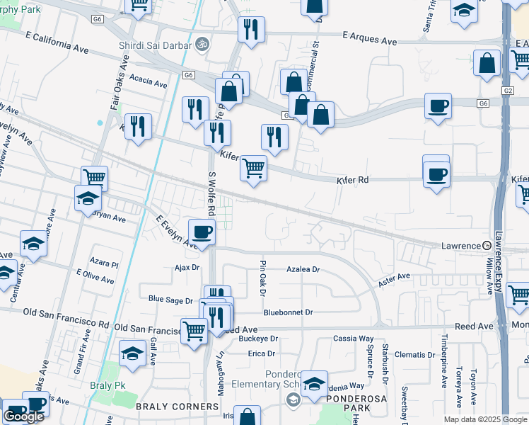 map of restaurants, bars, coffee shops, grocery stores, and more near 210 Red Oak Drive in Sunnyvale