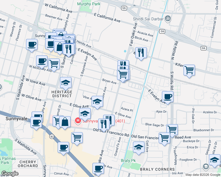 map of restaurants, bars, coffee shops, grocery stores, and more near 584 Bryan Avenue in Sunnyvale