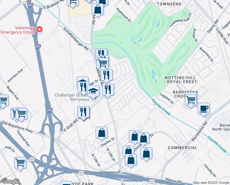 map of restaurants, bars, coffee shops, grocery stores, and more near 1358 Old Oakland Road in San Jose