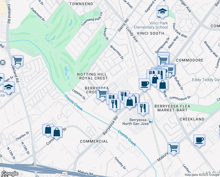 map of restaurants, bars, coffee shops, grocery stores, and more near 1510 Shore Drive in San Jose