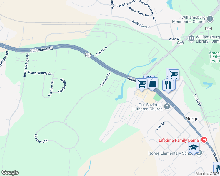map of restaurants, bars, coffee shops, grocery stores, and more near Cowpen Court in James City County
