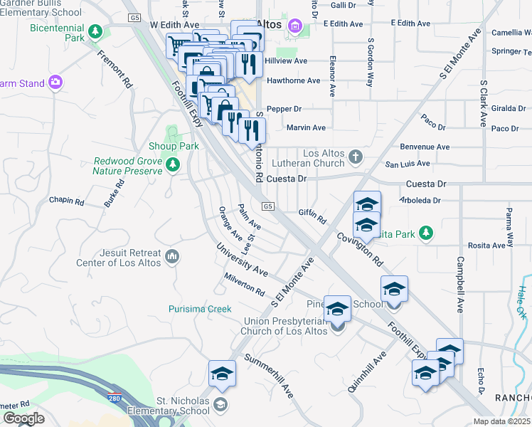 map of restaurants, bars, coffee shops, grocery stores, and more near 600 Lincoln Avenue in Los Altos