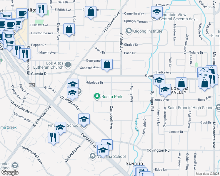 map of restaurants, bars, coffee shops, grocery stores, and more near 512 Arboleda Drive in Los Altos