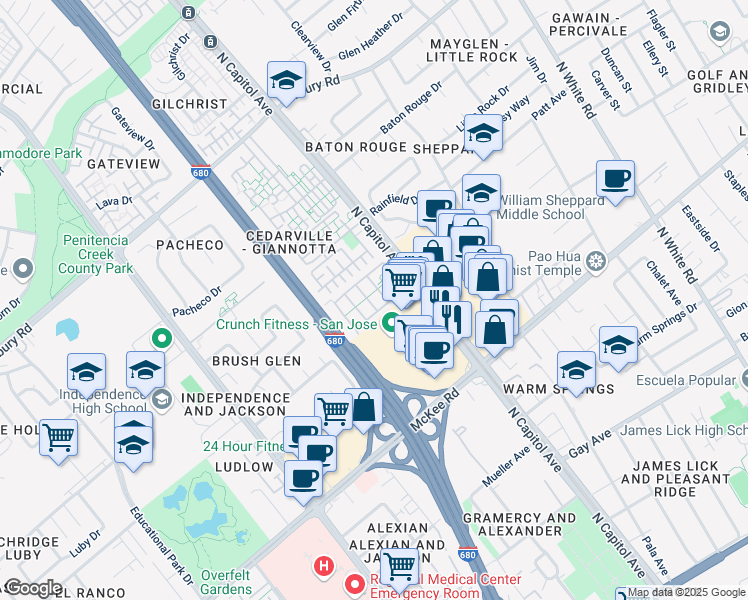 map of restaurants, bars, coffee shops, grocery stores, and more near 486 Genoa Drive in San Jose