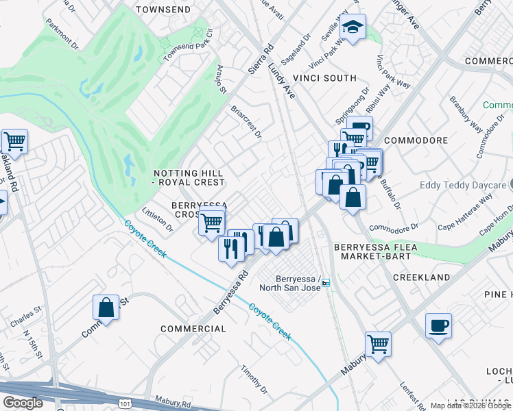 map of restaurants, bars, coffee shops, grocery stores, and more near 1032 Abruzzo Lane in San Jose