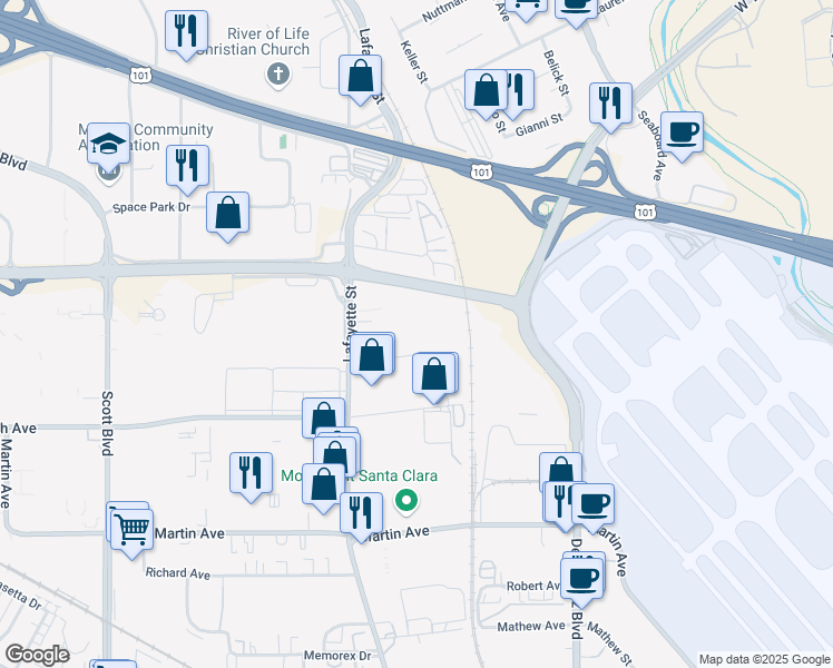 map of restaurants, bars, coffee shops, grocery stores, and more near 700 Central Expressway in Santa Clara