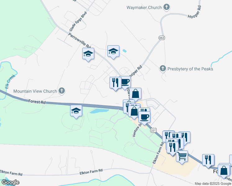map of restaurants, bars, coffee shops, grocery stores, and more near 1208 Perrowville Road in Forest