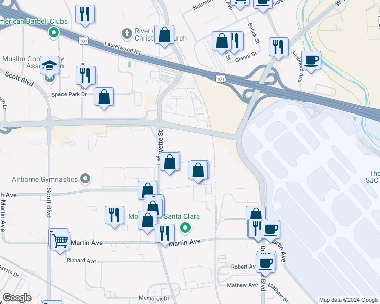 map of restaurants, bars, coffee shops, grocery stores, and more near 700 Central Expressway in Santa Clara