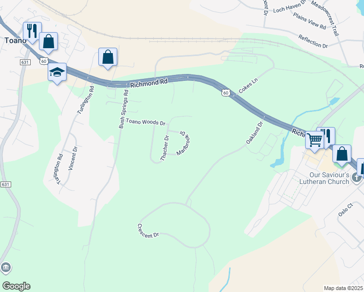 map of restaurants, bars, coffee shops, grocery stores, and more near 3632 Marlbrook Drive in Toano