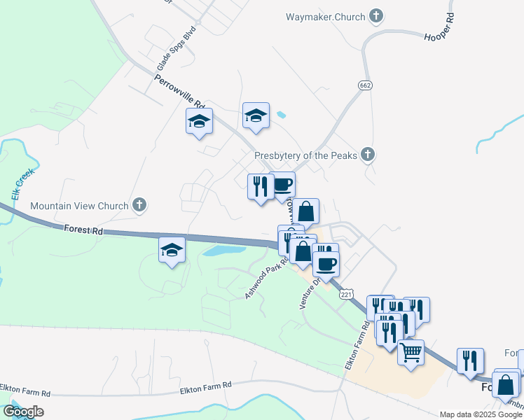 map of restaurants, bars, coffee shops, grocery stores, and more near 1208 Perrowville Road in Forest