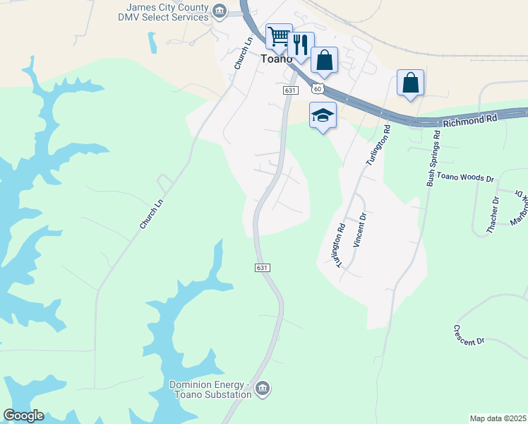 map of restaurants, bars, coffee shops, grocery stores, and more near 7632 Crestview Drive in Toano
