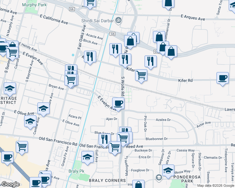 map of restaurants, bars, coffee shops, grocery stores, and more near 782 Bramble Terrace in Sunnyvale
