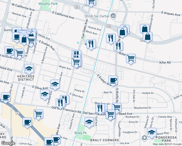 map of restaurants, bars, coffee shops, grocery stores, and more near 255 Honey Locust Terrace in Sunnyvale