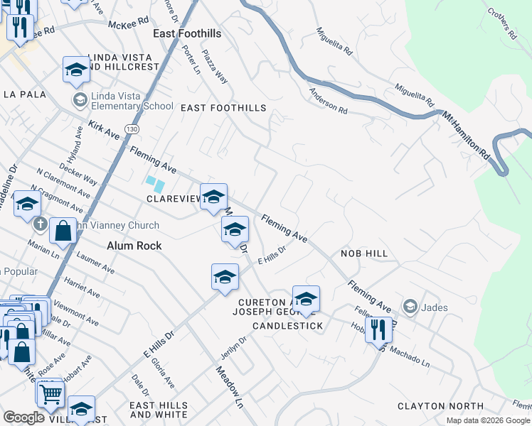 map of restaurants, bars, coffee shops, grocery stores, and more near 14817 East Hills Drive in San Jose