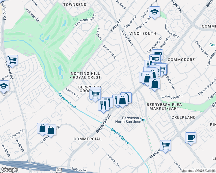 map of restaurants, bars, coffee shops, grocery stores, and more near 1032 Abruzzo Lane in San Jose