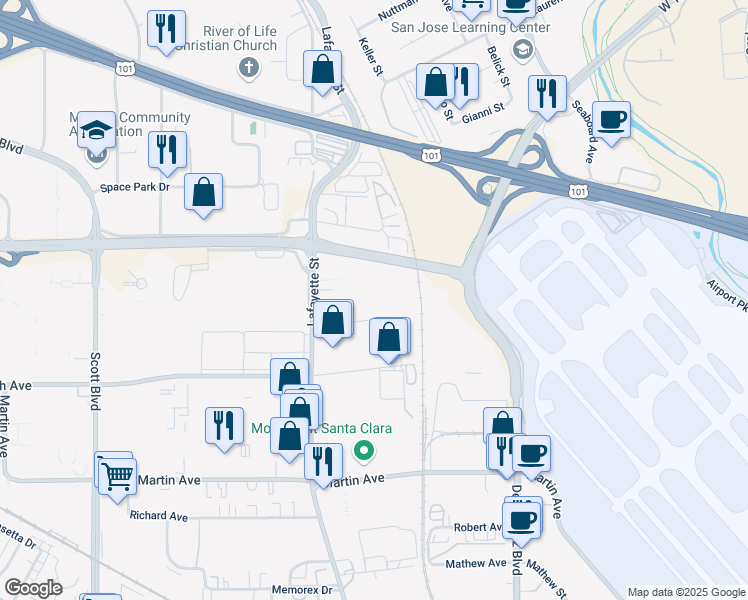 map of restaurants, bars, coffee shops, grocery stores, and more near 700 Central Expy in Santa Clara
