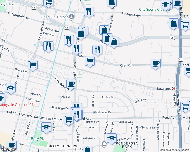 map of restaurants, bars, coffee shops, grocery stores, and more near 210 Red Oak Drive in Sunnyvale
