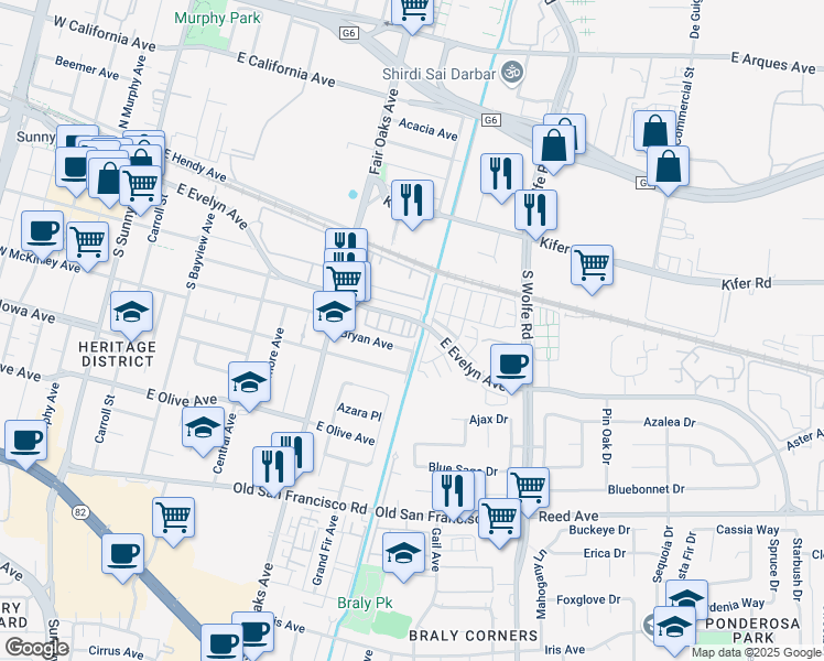 map of restaurants, bars, coffee shops, grocery stores, and more near 256 Fringe Tree Terrace in Sunnyvale
