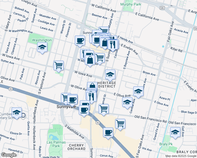 map of restaurants, bars, coffee shops, grocery stores, and more near 148 East Iowa Avenue in Sunnyvale