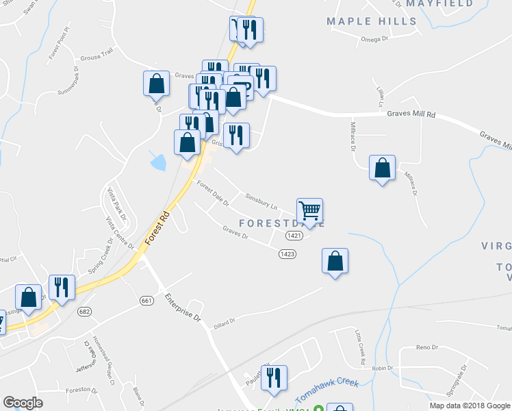 map of restaurants, bars, coffee shops, grocery stores, and more near 207 Simsbury Lane in Forest