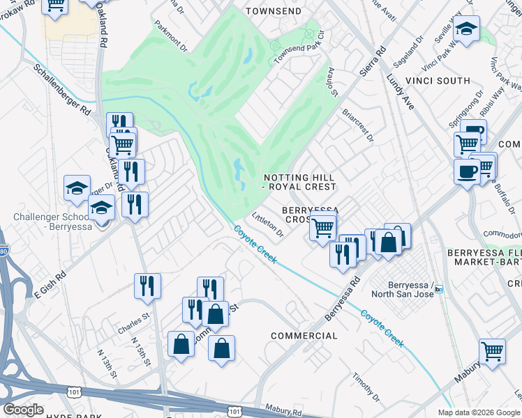 map of restaurants, bars, coffee shops, grocery stores, and more near 1288 Hazlett Way in San Jose