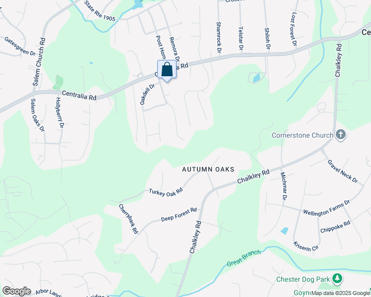 map of restaurants, bars, coffee shops, grocery stores, and more near 10536 Oakside Drive in Richmond
