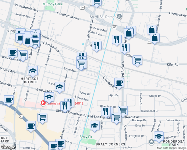 map of restaurants, bars, coffee shops, grocery stores, and more near 259 Ginko Terrace in Sunnyvale